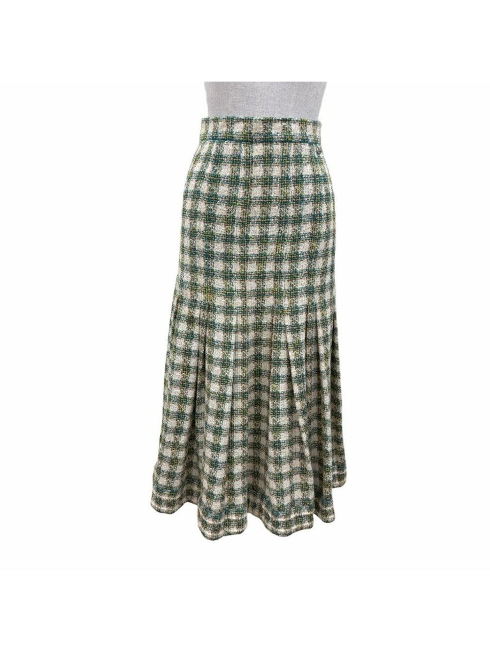 Chanel Silk Linen Blend Coco Buttons Long Skirt Green Ivory 34
